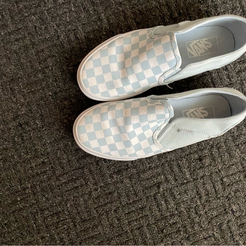 Vans Light Blue and White Checkered Slip-Ons
